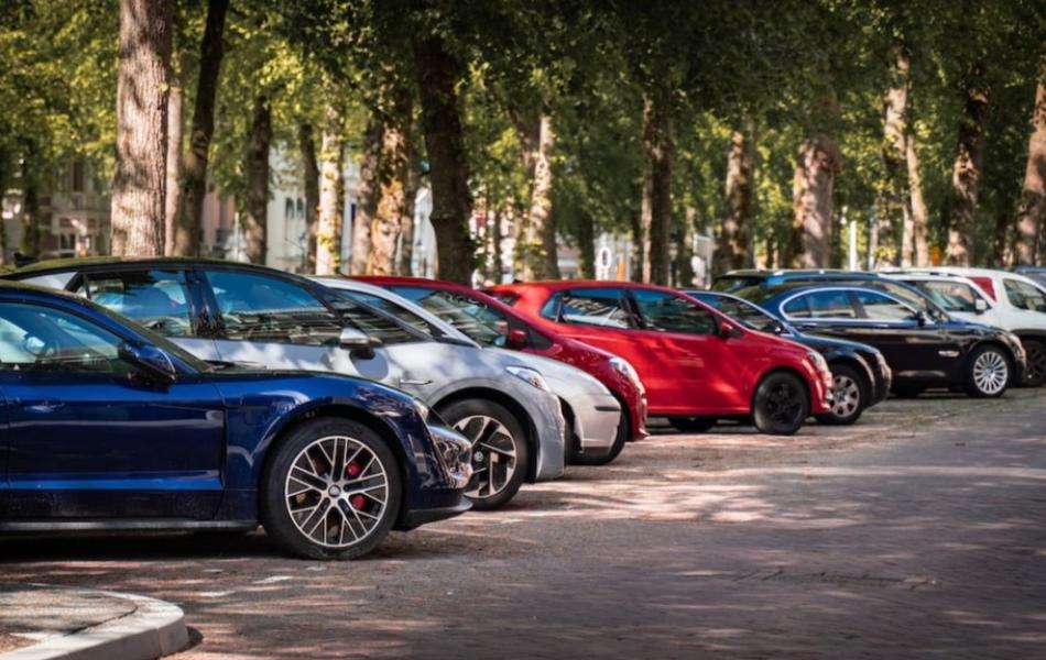 Auto parcheggiate lungo una strada alberata in una giornata di sole.